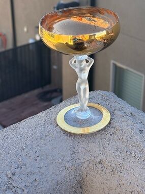 Vintage Art Deco Champagne Coupe | Frosted Nude Female Figural Stem | Gold Gilt